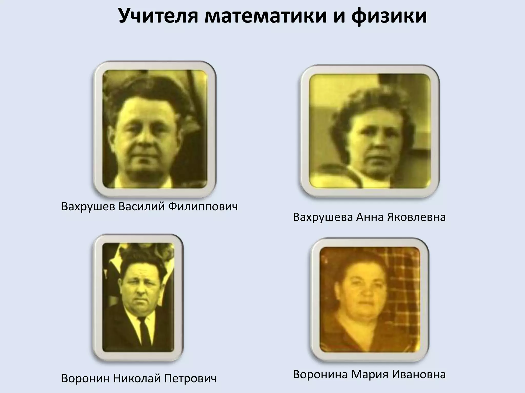 Учителя математики и физикиВахрушев Василий ФилипповичВахрушева Анна ЯковлевнаВоронина Мария ИвановнаВоронин Николай Петрович