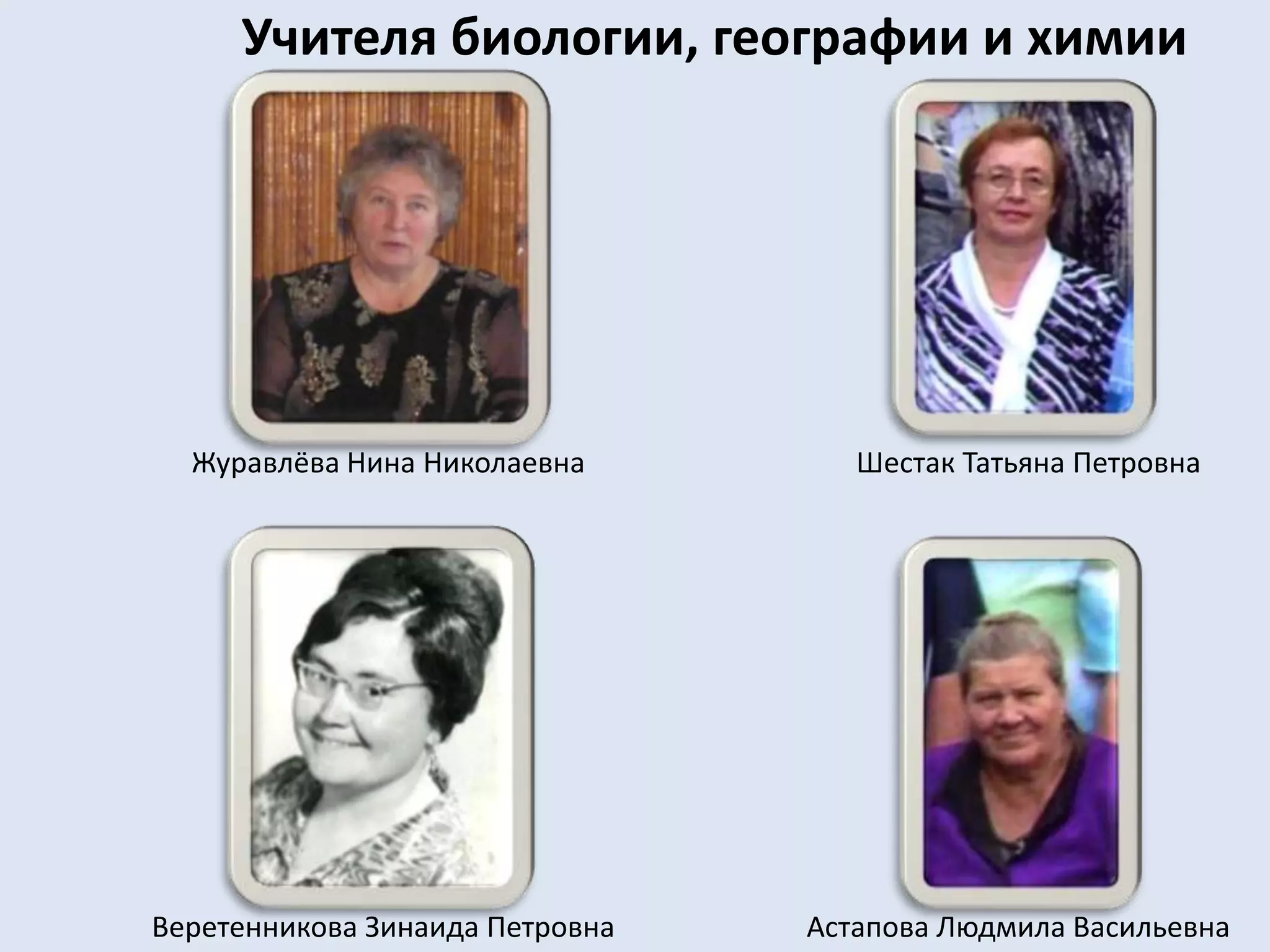 Учителя биологии, географии и химииЖуравлёва Нина НиколаевнаШестак Татьяна ПетровнаВеретенникова Зинаида ПетровнаАстапова Людмила Васильевна