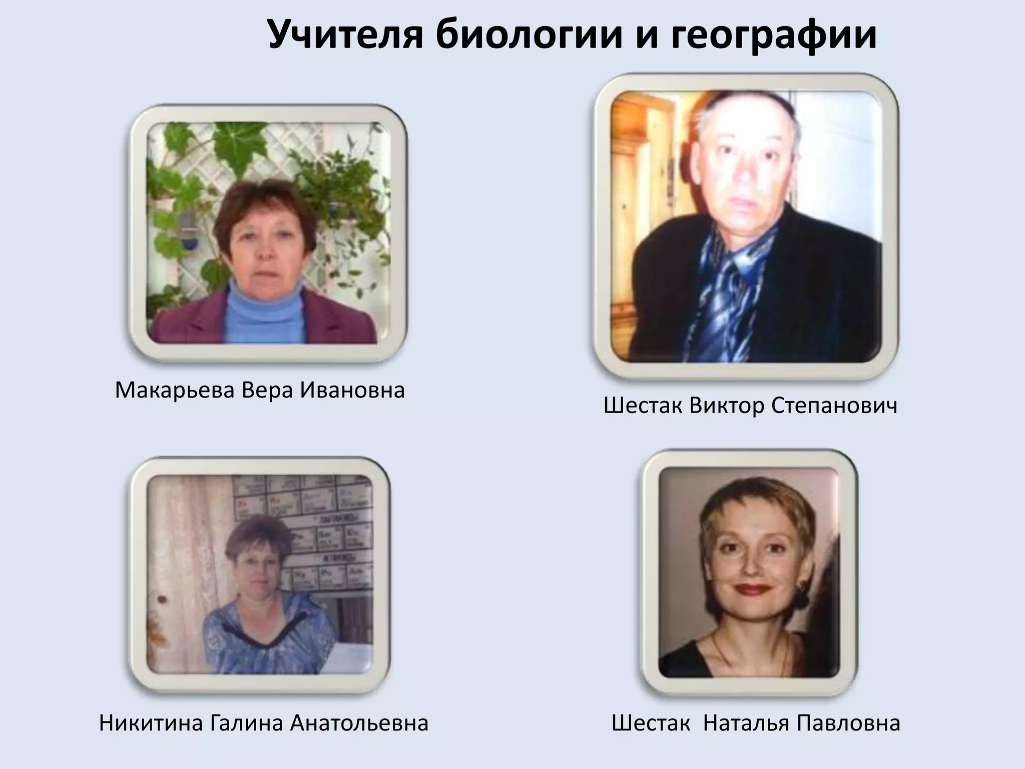 Учителя биологии и географииМакарьева Вера ИвановнаШестак Виктор СтепановичНикитина Галина АнатольевнаШестак  Наталья Павловна