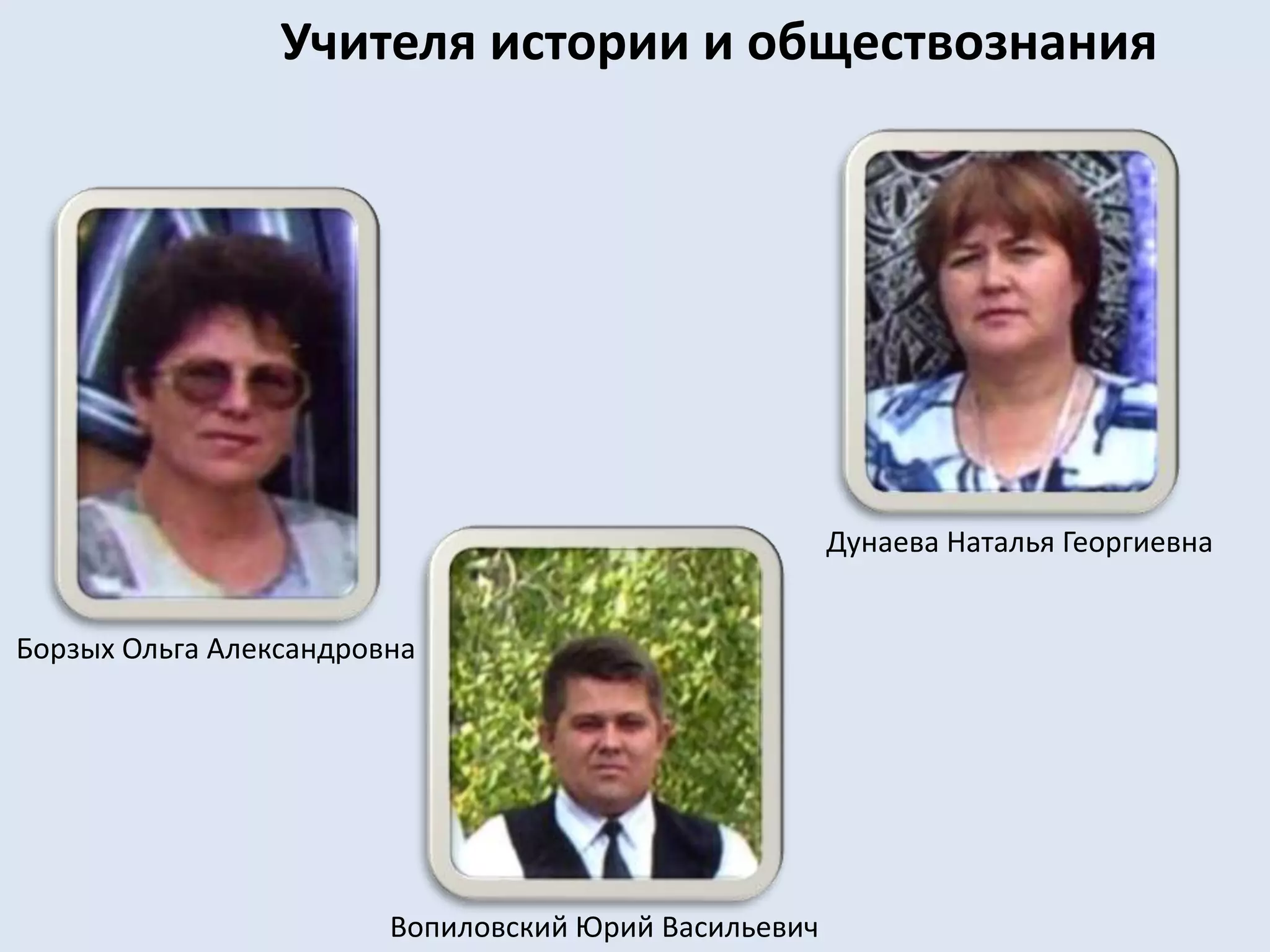 Учителя истории и обществознанияДунаева Наталья ГеоргиевнаБорзых Ольга АлександровнаВопиловский Юрий Васильевич