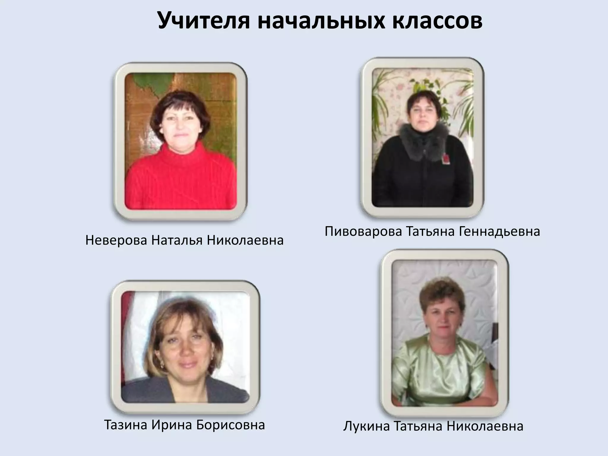 Учителя начальных классовПивоварова Татьяна ГеннадьевнаНеверова Наталья НиколаевнаТазина Ирина БорисовнаЛукина Татьяна Николаевна