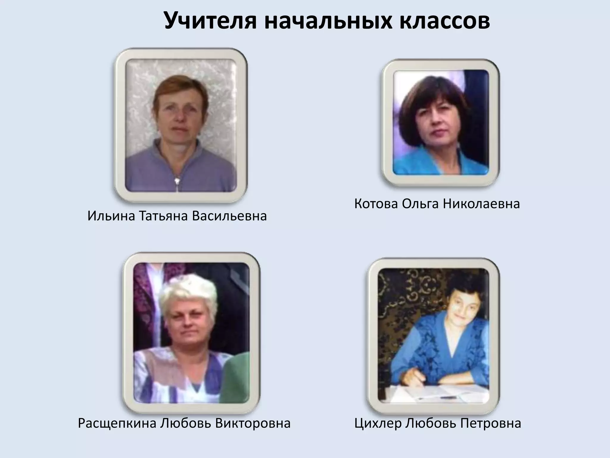 Учителя начальных классовКотова Ольга НиколаевнаИльина Татьяна ВасильевнаРасщепкина Любовь ВикторовнаЦихлер Любовь Петровна
