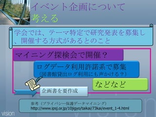 イベント企画について考える学会では、テーマ特定で研究発表を募集し、開催する方式があるとのことマイニング探検会で開催？ログデータ利用許諾系で募集（図書館貸出ログ利用にも声かける？）などなど企画書を要作成参考（プライバシー保護データマイニング）http://www.ipsj.or.jp/10jigyo/taikai/73kai/event_1-4.html