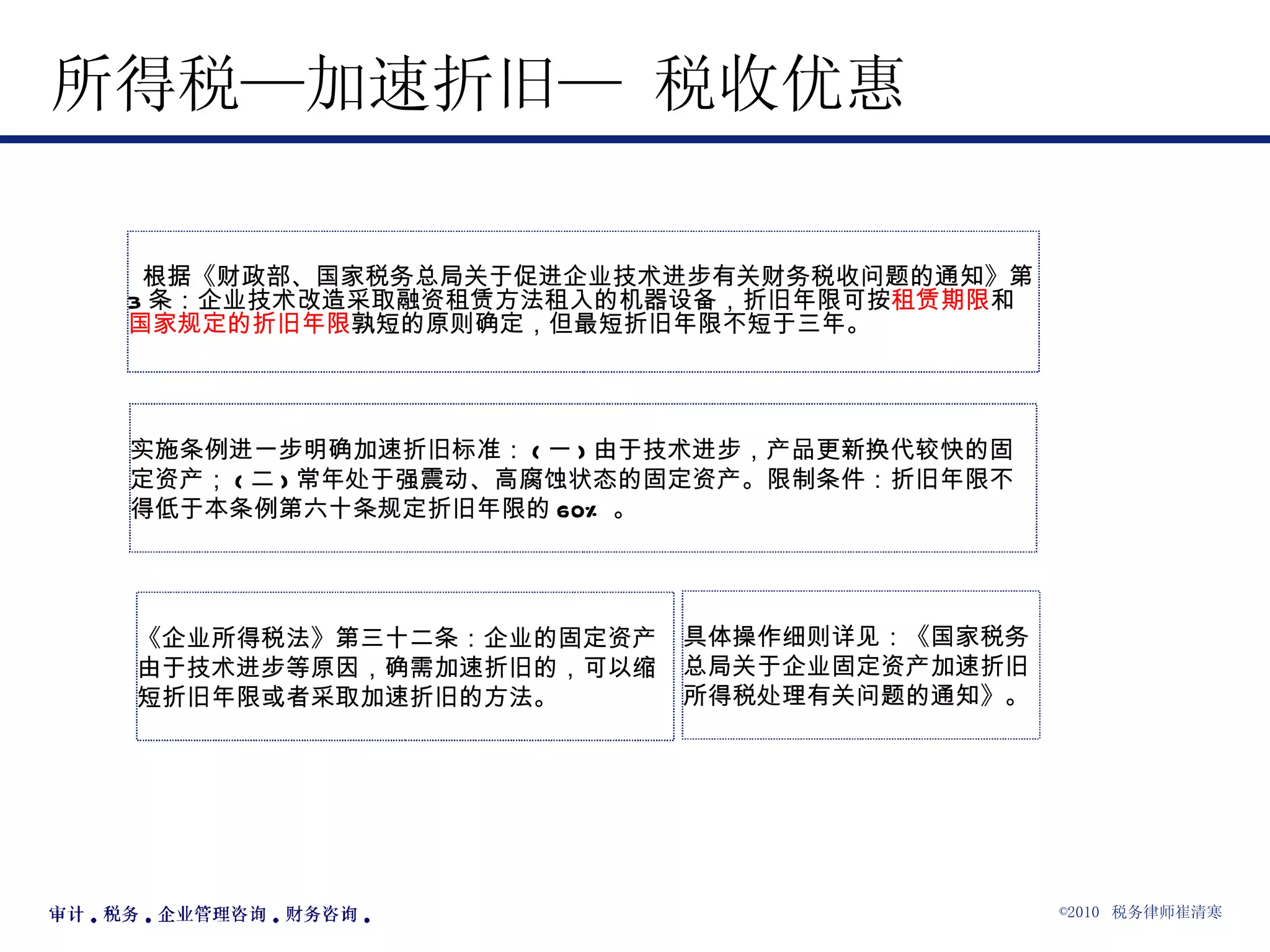 所得税—加速折旧— 税收优惠 《企业所得税法》第三十二条：企业的固定资产由于技术进步等原因，确需加速折旧的，可以缩短折旧年限或者采取加速折旧的方法。 实施条例进一步明确加速折旧标准： ( 一 ) 由于技术进步，产品更新换代较快的固定资产； ( 二 ) 常年处于强震动、高腐蚀状态的固定资产。限制条件：折旧年限不得低于本条例第六十条规定折旧年限的 60% 。 具体操作细则详见：《国家税务总局关于企业固定资产加速折旧所得税处理有关问题的通知》。 根据《财政部、国家税务总局关于促进企业技术进步有关财务税收问题的通知》第 3 条：企业技术改造采取融资租赁方法租入的机器设备，折旧年限可按 租赁期限 和 国家规定的折旧年限 孰短的原则确定，但最短折旧年限不短于三年。 