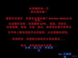 在南 極 的每一天 都充 滿 奇 蹟 ！ 盡 管有些疲劳，我 還 是自 願 承 擔 了 Anchor Watch 的任务。 在寂靜的夜晚，我要 觀 察 GPS 、雷 達 、深度 計 、 記錄氣壓 、 氣溫 、 水溫 、 風 向、海浪等各 種 天 氣 情况。 在甲板上 觀測 海面浮冰的 動態 、以及 錨鏈 的 狀態 。 這個時 刻，我要 對 全船的安全 負 起 責 任…… 明天，我 們將 到 達 天堂 灣 …… 音 樂 ：海之音－季 風 海流 Glm   改 編 配 樂 