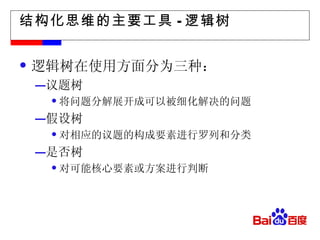 结构化思维的主要工具 - 逻辑树 逻辑树在使用方面分为三种： 议题树 将问题分解展开成可以被细化解决的问题 假设树 对相应的议题的构成要素进行罗列和分类 是否树 对可能核心要素或方案进行判断 