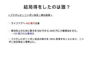 結局得をしたのは誰？ ・買収防止のために配当を 600 円から 4400 円に大幅増加させた。  　 -> 100 億円の出費増加 ・ライブドアへ 440 億円 出資 ＜フジテレビ（ニッポン放送）側の結果＞ ・フジテレビがニッポン放送の株式を 100% 取得することになり、ニッポン放送株は上場廃止に。  