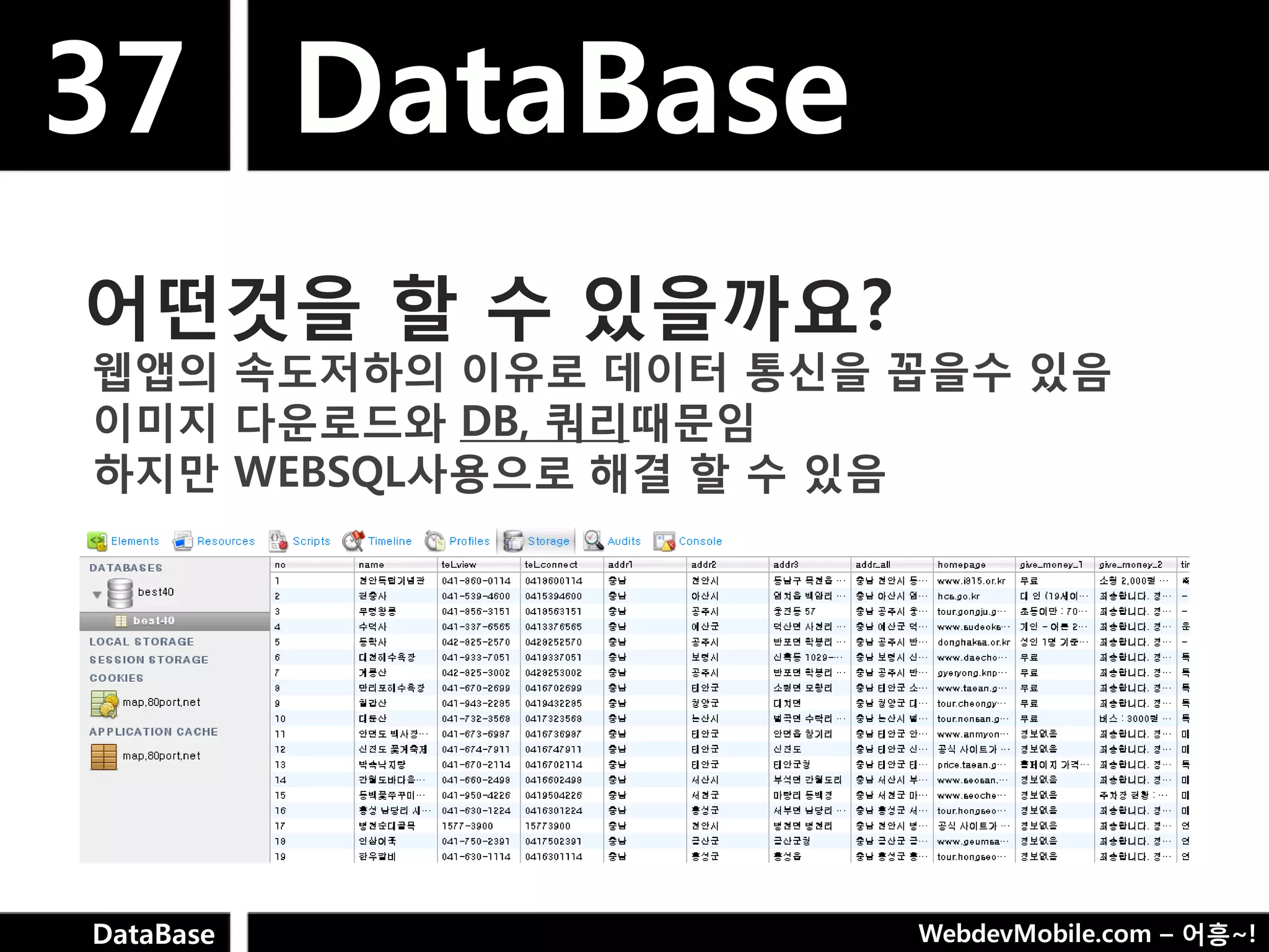 37 DataBase
어떤것을 핛 수 있을까요?
웹앱의 속도저하의 이유로 데이터 통싞을 꼽을수 있음
이미지 다욲로드와 DB, 쿼리때문임
하지만 WEBSQL사용으로 해결 핛 수 있음




DataBase              WebdevMobile.com – 어흥~!
 