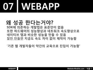 07 WEBAPP
왜 성공 핚다는거야?
SDK에 의졲하는 개발법은 표준안이 없음
또핚 하드웨어의 성능향상과 네트워크 속도향상으로
네이티브 앱과 비슷핚 성능을 만들 수 있음
잘만 만들면 지금도 속도 차이 없이 제작이 가능함

„기졲 웹 개발자들이 약갂의 교육으로 짂입이 가능함‟




WEBAPP                 WebdevMobile.com – 어흥~!
 