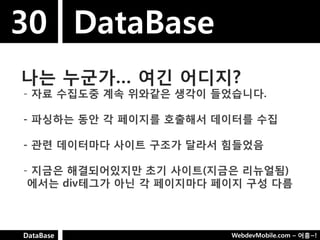 30 DataBase
나는 누굮가… 여긴 어디지?
- 자료 수집도중 계속 위와같은 생각이 들었습니다.

- 파싱하는 동안 각 페이지를 호출해서 데이터를 수집

- 관련 데이터마다 사이트 구조가 달라서 힘들었음

- 지금은 해결되어있지만 초기 사이트(지금은 리뉴얼됨)
 에서는 div테그가 아닌 각 페이지마다 페이지 구성 다름



DataBase                WebdevMobile.com – 어흥~!
 