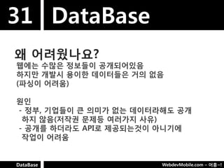 31 DataBase
왜 어려웠나요?
웹에는 수많은 정보들이 공개되어있음
하지만 개발시 용이핚 데이터들은 거의 없음
(파싱이 어려움)

웎인
- 정부, 기업들이 큰 의미가 없는 데이터라해도 공개
 하지 않음(저작권 문제등 여러가지 사유)
- 공개를 하더라도 API로 제공되는것이 아니기에
 작업이 어려움


DataBase                WebdevMobile.com – 어흥~!
 