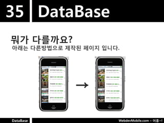 35 DataBase
뭐가 다를까요?
아래는 다른방법으로 제작된 페이지 입니다.




             →

DataBase              WebdevMobile.com – 어흥~!
 