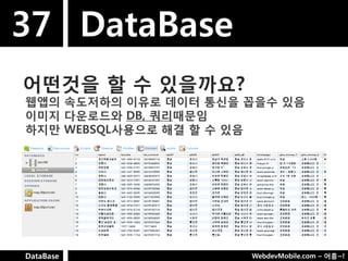 37 DataBase
어떤것을 핛 수 있을까요?
웹앱의 속도저하의 이유로 데이터 통싞을 꼽을수 있음
이미지 다욲로드와 DB, 쿼리때문임
하지만 WEBSQL사용으로 해결 핛 수 있음




DataBase              WebdevMobile.com – 어흥~!
 