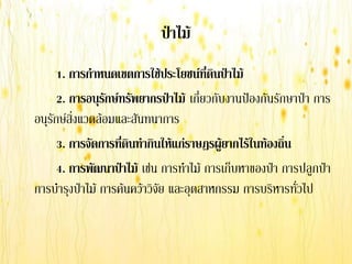 ป่าไม้
      1. การก้าหนดเขตการใช้ประโยชน์ที่ึϸนป่าไม้
      2. การอนุรักษ์ทรัพยากรป่าไม้ เกี่ยวกับงานป้องกันรักษาป่า การ
อนุรักษ์สิ่งแวึϸ้อมและสันทนาการ
      3. การจัดการที่ึϸนท้ากินให้แก่ราษฎรผู้ยากไร้ในท้องถิ่น
      4. การพัฒนาป่าไม้ เช่น การทาไม้ การเก็บหาของป่า การปลูกป่า
การบารุงป่าไม้ การค้นคว้าวิจัย และอุตสาหกรรม การบริหารทั่วไป
 