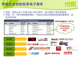 传统企业纷纷投身电子商务

 美国：传统企业十年前已进入电子商务，所以取得了现在的成绩
 中国：07、08年网购爆发增长，传统企业意识到网络渠道的重要性，纷
  纷开始布局
                         2009年美国B2C TOP10

                            90%都是传统
                             企业开设的
                               网站




 品牌商

 制造商

 渠道商

 零售商
 