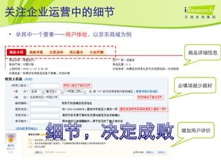 关注企业运营中的细节
• 举其中一个要素——用户体验，以京东商城为例


                            商品详细信息




                          必填项越少越好




                          增加用户评价
 