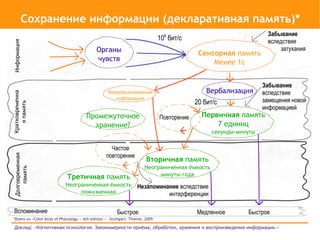 Сохранение информации (декларативная память)*
                                                                                                                    Забывание
                                                                               109 бит/с                            вследствие
Информация




                                             Органы                                                                     затухания
                                                                                             Сенсорная память
                                             чувств                                              Менее 1с


                                                                                                                   Забывание
                                                   Невербализованная                            Вербализация       вследствие
Кратковременна




                                                      информация                                                   замещения новой
                                                                                            20 бит/с
   я память




                                                                                                                   информацией
                                       Промежуточное                           Повторение     Первичная память
                                         хранение?                                                7 единиц
                                                                                                  секунды-минуты

                                                    Частое
                                                  повторение
Долговременная




                                                                        Вторичная память
                                                                       Неограниченная ёмкость
    память




                             Третичная память                               минуты-года
                            Неограниченная ёмкость                 Незапоминание вследствие
                                 пожизненная                                 интерференции

 Вспоминание                                            Быстрое                             Медленное        Быстрое
*Взято из «Color Atlas of Physiology — 6th edition — Stuttgart: Thieme, 2009

 Доклад: «Когнитивная психология. Закономерности приёма, обработки, хранения и воспроизведения информации.»
 