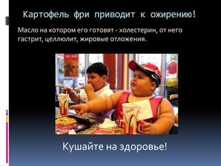 Картофель фри приводит к ожирению!Масло на котором его готовят - холестерин, от него гастрит, целлюлит, жировые отложения.Кушайте на здоровье!