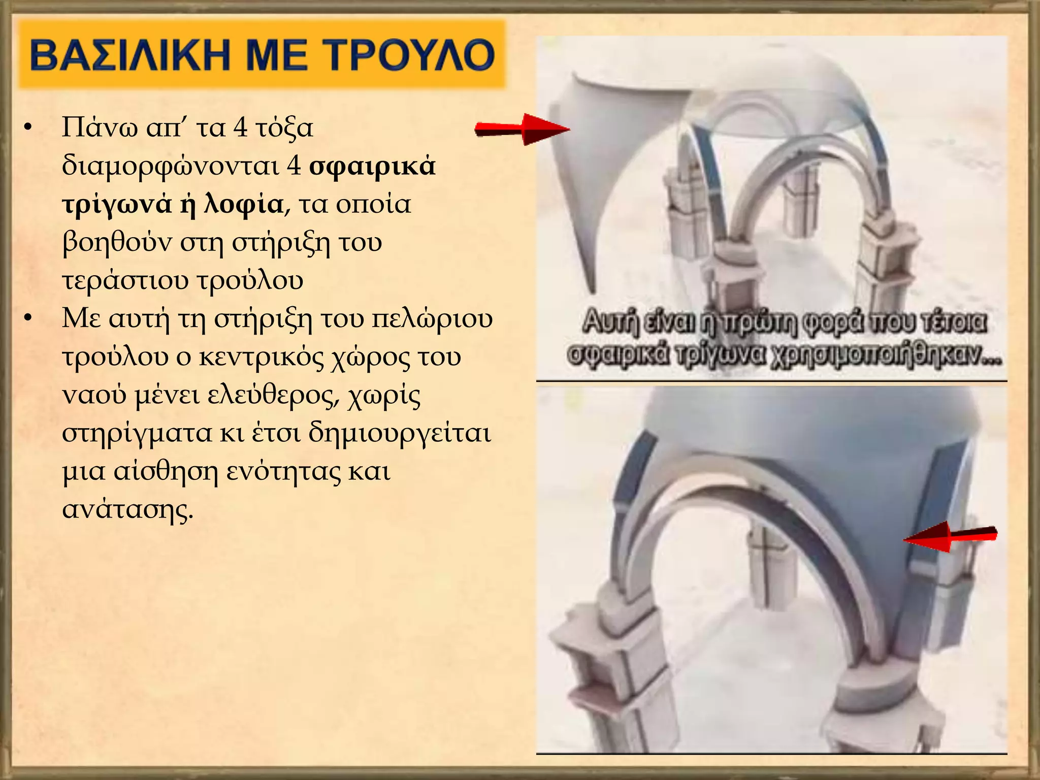• Πάνω απ’ τα 4 τόξα
διαμορφώνονται 4 σφαιρικά
τρίγωνά ή λοφία, τα οποία
βοηθούν στη στήριξη του
τεράστιου τρούλου
• Με αυτή τη στήριξη του πελώριου
τρούλου ο κεντρικός χώρος του
ναού μένει ελεύθερος, χωρίς
στηρίγματα κι έτσι δημιουργείται
μια αίσθηση ενότητας και
ανάτασης.
 