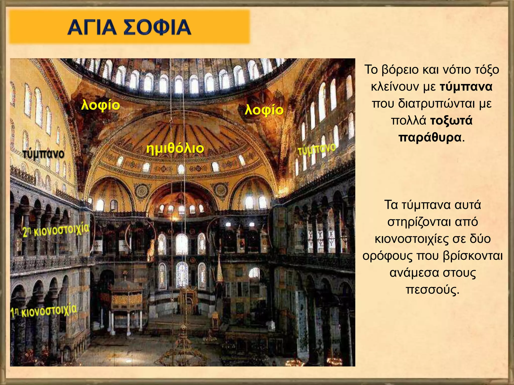 λοφίο
Το βόρειο και νότιο τόξο
κλείνουν με τύμπανα
που διατρυπώνται με
πολλά τοξωτά
παράθυρα.
λοφίο
ημιθόλιο
Τα τύμπανα αυτά
στηρίζονται από
κιονοστοιχίες σε δύο
ορόφους που βρίσκονται
ανάμεσα στους
πεσσούς.
 