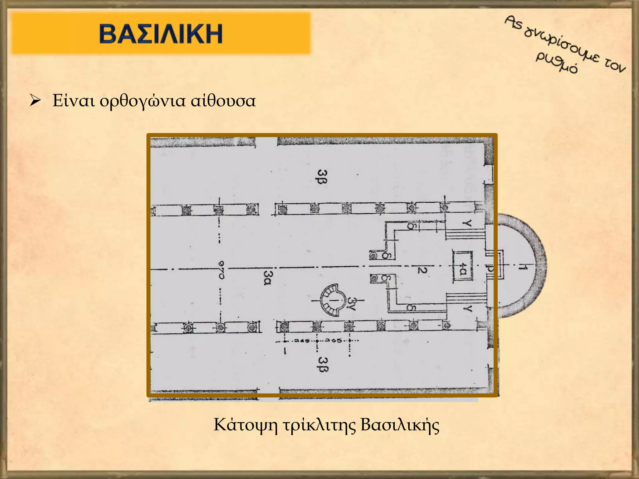  Είναι ορθογώνια αίθουσα
Κάτοψη τρίκλιτης Βασιλικής
 