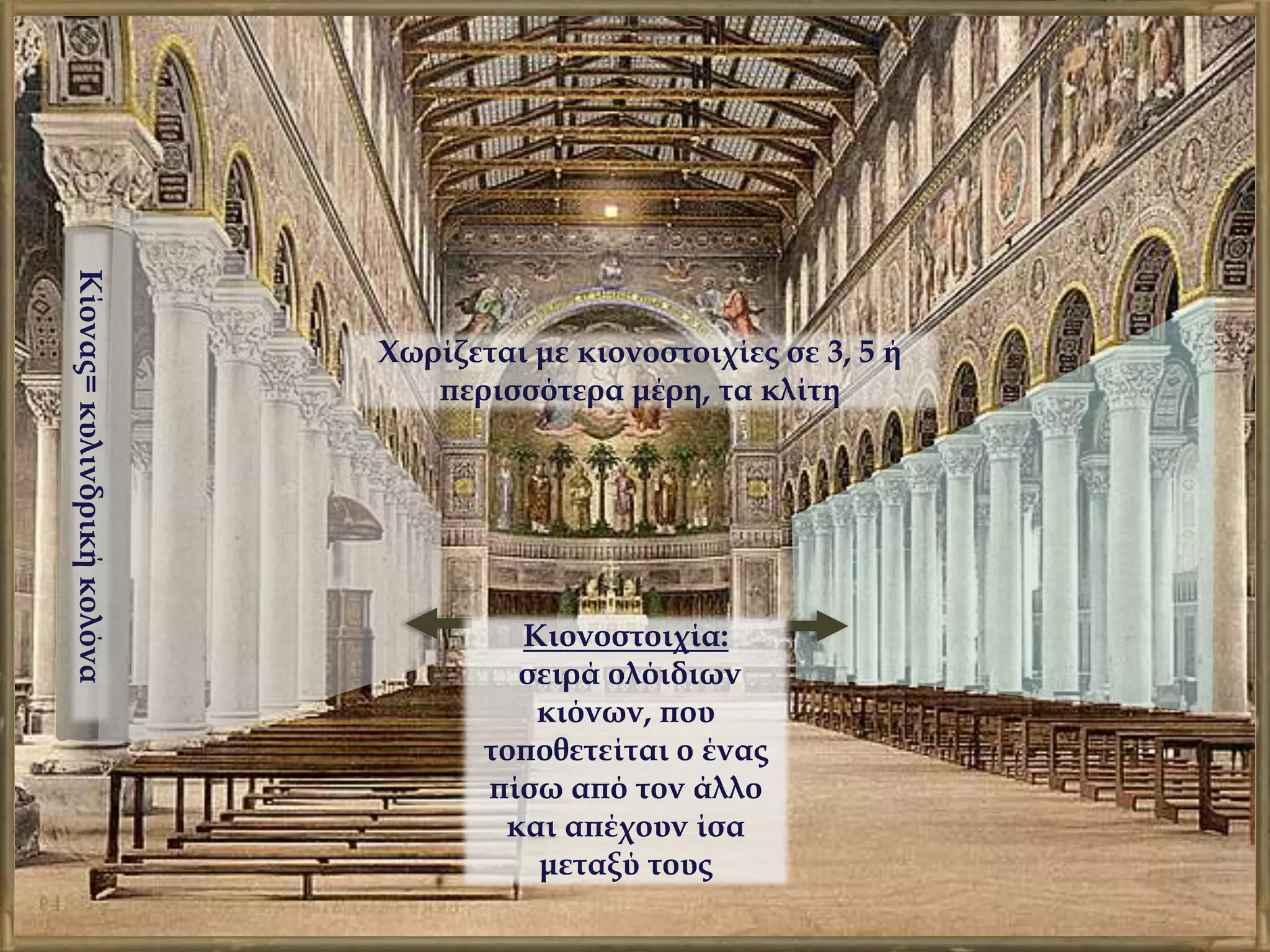 Χωρίζεται με κιονοστοιχίες σε 3, 5 ή
περισσότερα μέρη, τα κλίτη
Κίονας=κυλινδρικήκολόνα
Κιονοστοιχία:
σειρά ολόιδιων
κιόνων, που
τοποθετείται ο ένας
πίσω από τον άλλο
και απέχουν ίσα
μεταξύ τους
 