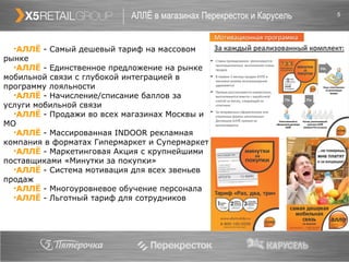 АЛЛЁ в магазинах Перекресток и Карусель АЛЛЁ  - Самый дешевый тариф на массовом рынке АЛЛЁ  - Единственное предложение на рынке мобильной связи с глубокой интеграцией в программу лояльности АЛЛЁ   - Начисление/списание баллов за услуги мобильной связи АЛЛЁ   - Продажи во всех магазинах Москвы и МО  АЛЛЁ  - Массированная  INDOOR  рекламная компания в форматах Гипермаркет и Супермаркет АЛЛЁ   - Маркетинговая Акция с крупнейшими поставщиками «Минутки за покупки» АЛЛЁ  - Система мотивация для всех звеньев продаж  АЛЛЁ  - Многоуровневое обучение персонала АЛЛЁ  - Льготный тариф для сотрудников 