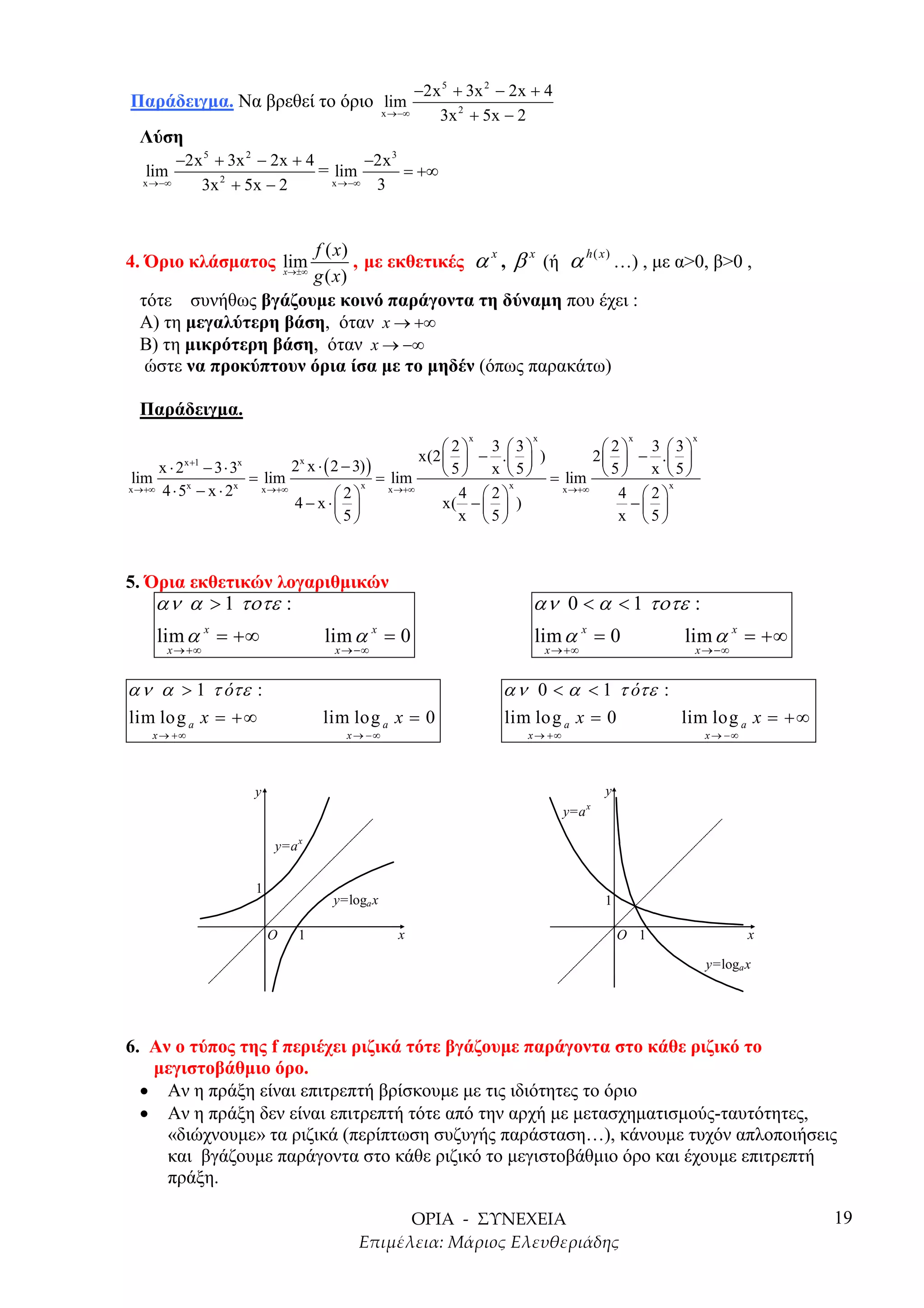 −2x 5 + 3x 2 − 2x + 4
Παράδειγµα. Να βρεθεί το όριο lim
                                                  x →−∞    3x 2 + 5x − 2
 Λύση
        −2x 5 + 3x 2 − 2x + 4         −2x 3
  lim                         = lim         = +∞
  x →−∞    3x 2 + 5x − 2        x →−∞  3


                      f ( x)
                             , µε εκθετικές α , β (ή α
                                             x   x     h( x)
4. Όριο κλάσµατος lim
                  x→±∞
                                                             …) , µε α>0, β>0 ,
                     g ( x)
 τότε συνήθως βγάζουµε κοινό παράγοντα τη δύναµη που έχει :
 Α) τη µεγαλύτερη βάση, όταν x → +∞
 Β) τη µικρότερη βάση, όταν x → −∞
  ώστε να προκύπτουν όρια ίσα µε το µηδέν (όπως παρακάτω)

 Παράδειγµα.
                                                               x         x                       x     x
                                                            2 3 3               2 3  3
                                                       x(2   − .  )          2   − . 
         x +1
     x ⋅ 2 − 3⋅3    x
                              2 x ⋅ ( 2 − 3) )
                                x
                                                            5  x  5  = lim  5  x  5 
 lim                  = lim                    = lim
x →+∞ 4 ⋅ 5x − x ⋅ 2x   x →+∞              x     x →+∞               x     x →+∞            x
                                       2                    4  2                  4 2
                              4 − x ⋅                    x( −   )                  − 
                                      5                     x 5                   x 5



5. Όρια εκθετικών λογαριθµικών
    αν α > 1 τοτε :                                                      αν 0 < α < 1 τοτε :
    lim α = +∞  x
                                    lim α = 0 x
                                                                          lim α x = 0                 lim α x = +∞
      x → +∞                         x → −∞                                  x → +∞                    x → −∞


α ν α > 1 τ ότε :                                                    α ν 0 < α < 1 τ ότε :
lim log a x = +∞                    lim log a x = 0                  lim log a x = 0                  lim log a x = +∞
    x → +∞                             x → −∞                            x → +∞                            x → −∞




                        y                                                                   y
                                                                                        x
                                                                                  y=a

                            y=a x


                        1
                                     y=loga x                                               1

                            O   1                   x                                           O 1                 x

                                                                                                           y=loga x




6. Αν ο τύπος της f περιέχει ριζικά τότε βγάζουµε παράγοντα στο κάθε ριζικό το
   µεγιστοβάθµιο όρο.
  • Αν η πράξη είναι επιτρεπτή βρίσκουµε µε τις ιδιότητες το όριο
  • Αν η πράξη δεν είναι επιτρεπτή τότε από την αρχή µε µετασχηµατισµούς-ταυτότητες,
     «διώχνουµε» τα ριζικά (περίπτωση συζυγής παράσταση…), κάνουµε τυχόν απλοποιήσεις
     και βγάζουµε παράγοντα στο κάθε ριζικό το µεγιστοβάθµιο όρο και έχουµε επιτρεπτή
     πράξη.

                                                                                                                         19
 