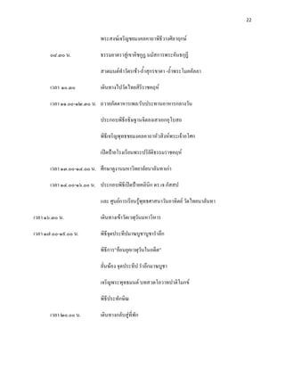 22


                            พระสงฆ์เจริญชยมงคลคาถาพิธีวางศิลาฤกษ์

       ๐๘.๓๐ น.             ธรรมยาตราสู่เขาคิชกูฎ นมัสการพระคันธกุฎี

                            สวดมนต์ทาวัตรเช้า-ถ้าสุกรขาตา -ถ้าพระโมคคัลลา

       เวลา ๑๐.๓๐           เดินทางไปวัดไทยสิริราชคฤห์

       เวลา ๑๑.๐๐-๑๒.๓๐ น. ถวายภัตตาหารเพล/รับประทานอาหารกลางวัน

                            ประกอบพิธีอธิษฐานจิตลงเสาเอกอุโบสถ

                            พิธีเจริญพุทธชยมงคลคาถาหัวสิงห์พระเจ้าอโศก

                            เปิดป้ายโรงเรียนพระปริยัติธรรมราชคฤห์

       เวลา ๑๓.๐๐-๑๔.๐๐ น. ศึกษาดูงานมหาวิทยาลัยนาลันทาเก่า

       เวลา ๑๔.๐๐-๑๖.๐๐ น. ประกอบพิธีเปิดป้ายคลินิก ดร.เจ กัสสป

                            และ ศูนย์การเรียนรู้พุทธศาสนาวันอาทิตย์ วัดไทยนาลันทา

เวลา ๑๖.๓๐ น.               เดินทางเข้าวัดเวฬุวันมหาวิหาร

เวลา ๑๗.๐๐-๑๙.๐๐ น.         พิธีจุดประทีปมาฆบูชาบูชาราลึก

                            พิธีการ”ย้อนยุคเวฬุวันในอดีต”

                            ลั่นฆ้อง จุดประทีป ราลึกมาฆบูชา

                            เจริญพระพุทธมนต์ บทสวดโอวาทปาติโมกข์

                            พิธีประทักษิณ

       เวลา ๒๐.๐๐ น.        เดินทางกลับสู่ที่พัก
 