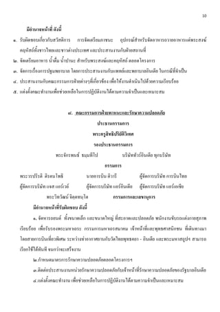 10


      มีอานาจหน้าที่ ดังนี้
๑. รับผิดชอบเกี่ยวกับสวัสดิการ    การจัดเตรียมภาชนะ       อุปกรณ์สาหรับจัดอาหารถวายอาหารแด่พระสงฆ์
   คฤหัสถ์ทั้งชาวไทยและชาวต่างประเทศ และประสานงานกับฝ่ายสถานที่
๒. จัดเตรียมอาหาร น้าดื่ม น้าปานะ สาหรับพระสงฆ์และคฤหัสถ์ ตลอดโครงการ
๓. จัดการเรื่องการปฐมพยาบาล โดยการประสานงานกับแพทย์และพยาบาลอินเดีย ในกรณีที่จาเป็น
๔. ประสานงานกับคณะกรรมการฝ่ายต่างๆที่เกี่ยวข้อง เพื่อให้งานดาเนินไปด้วยความเรียบร้อย
๕. แต่งตั้งคณะทางานเพื่อช่วยเหลือในการปฏิบัติงานได้ตามความจาเป็นและเหมาะสม


                              ๘. คณะกรรมการฝ่ายพาหนะและรักษาความปลอดภัย
                                             ประธานกรรมการ
                                           พระครูสิทธิปริยัติวิเทศ
                                           รองประธานกรรมการ
                       พระจักรพนธ์ ธมฺมทีโป                 บริษัททัวร์อินเดีย ทุกบริษัท
                                                 กรรมการ
   พระวรปริรติ ติรตนโพธิ               นายอารบิน ติวารี               ผู้จัดการบริษัท การบินไทย
   ผู้จัดการบริษัท แจส แอร์เวย์        ผู้จัดการบริษัท แอร์อินเดีย    ผู้จัดการบริษัท แอร์เอเชีย
                  พระวิทวัฒน์ จิตฺตทนฺโต              กรรมการและเลขานุการ
          มีอานาจหน้าที่รับผิดชอบ ดังนี้
          ๑. จัดหารถยนต์ ทั้งขนาดเล็ก และขนาดใหญ่ ที่สะอาดและปลอดภัย พนักงานขับรถแต่งกายสุภาพ
   เรียบร้อย เพื่อรับรองพระมหาเถระ กรรมการมหาเถรสมาคม เจ้าหน้าที่และพุทธศาสนิกชน ที่เดินทางมา
   โดยสายการบินเที่ยวพิเศษ ระหว่างท่าอากาศยานกับวัดไทยพุทธคยา - อินเดีย และพระมหาสถูปฯ สามารถ
   เรียกใช้ได้ทันที จนกว่าจะเสร็จงาน
          ๒.กาหนดมาตรการรักษาความปลอดภัยตลอดโครงการฯ
          ๓.ติดต่อประสานงานหน่วยรักษาความปลอดภัยกับเจ้าหน้าที่รักษาความปลอดภัยของรัฐบาลอินเดีย
          ๔.แต่งตั้งคณะทางาน เพื่อช่วยเหลือในการปฏิบัติงานได้ตามความจาเป็นและเหมาะสม
 