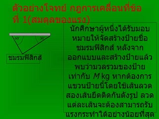 ตัวอย่างโจทย์ กฎการเคลื่อนที่ข้อที่  1( สมดุลของแรง ) นักศึกษาผู้หนึ่งได้รับมอบหมายให้จัดสร้างป้ายชื่อชมรมฟิสิกส์ หลังจากออกแบบและสร้างป้ายแล้วพบว่ามวลรวมของป้ายเท่ากับ  M  kg  หากต้องการแขวนป้ายนี้โดยใช้เส้นลวดสองเส้นยึดติดกันดังรูป ลวดแต่ละเส้นจะต้องสามารถรับแรงกระทำได้อย่างน้อยที่สุดเท่าใด ชมรมฟิสิกส์ 