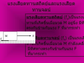 แรงเสียดทานสถิตย์และแรงเสียดทานจลน์ แรงเสียดทานสถิตย์   (f s ) เป็นแรงเสียด ทานที่เกิดขึ้นเมื่อมวล  M  อยู่นิ่ง มีทิศทาง ตรงกันข้ามกับแรง  F  ที่มากระทำ แรงเสียดทานจลน์   (f k )   เป็นแรงเสียด ทานที่เกิดขึ้นเมื่อมวล  M  กำลังเคลื่อนที่ มีทิศทางตรงกันข้ามกับแรง  F ที่มากระทำ 