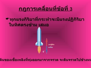 กฎการเคลื่อนที่ข้อที่  3 ทุกแรงกิริยาที่กระทำจะมีแรงปฏิกิริยาในทิศตรงข้าม เสมอ แรงดันของเชื้อเพลิงที่พุ่งออกมาจากจรวด จะดันจรวดไปข้างหน้า 