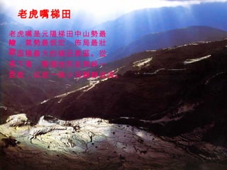 老虎嘴梯田 老虎嘴是元陽梯田中山勢最險 峻，氣勢最恢宏，佈局最壯觀 ，面積最大的梯田景區。從上 往下看，整個地形呈兩峽一谷 之貌，谷底一條小河靜靜流淌。 