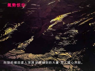 氣勢恢宏 阧陡的梯田直入深淵， 如將傾到的大廈， 令人提心吊胆。 