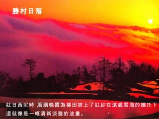 勝村日落 紅日西沉時， 胭胭晚霞為梯田披上了紅紗。 在遠處雲海的襯托下， 這就像是一幅清新淡雅的油畫。 