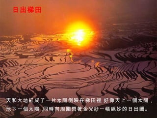 日出梯田 天和大地紅成了一片， 太陽倒映在梯田裡， 好像天上一個太陽， 地下一個太陽， 同時向周圍閃著金光， 好一幅絕妙的日出圖。 