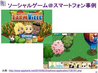 ソーシャルゲーム＠スマートフォン事例




出典： http://www.appbank.net/2010/06/25/iphone-application/136191.php   49
 