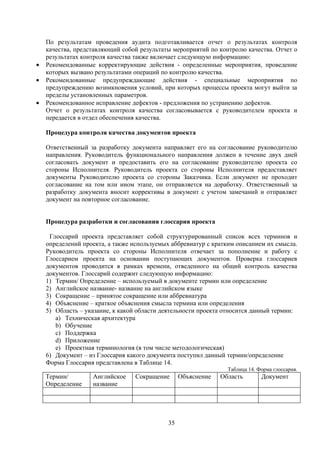 По результатам проведения аудита подготавливается отчет о результатах контроля
    качества, представляющий собой результаты мероприятий по контролю качества. Отчет о
    результатах контроля качества также включает следующую информацию:
•   Рекомендованные корректирующие действия - определенные мероприятия, проведение
    которых вызвано результатами операций по контролю качества.
•   Рекомендованные предупреждающие действия - специальные мероприятия по
    предупреждению возникновения условий, при которых процессы проекта могут выйти за
    пределы установленных параметров.
•   Рекомендованное исправление дефектов - предложения по устранению дефектов.
    Отчет о результатах контроля качества согласовывается с руководителем проекта и
    передается в отдел обеспечения качества.

    Процедура контроля качества документов проекта

    Ответственный за разработку документа направляет его на согласование руководителю
    направления. Руководитель функционального направления должен в течение двух дней
    согласовать документ и предоставить его на согласование руководителю проекта со
    стороны Исполнителя. Руководитель проекта со стороны Исполнителя предоставляет
    документы Руководителю проекта со стороны Заказчика. Если документ не проходит
    согласование на том или ином этапе, он отправляется на доработку. Ответственный за
    разработку документа вносит коррективы в документ с учетом замечаний и отправляет
    документ на повторное согласование.


    Процедура разработки и согласования глоссария проекта

     Глоссарий проекта представляет собой структурированный список всех терминов и
    определений проекта, а также используемых аббревиатур с кратким описанием их смысла.
    Руководитель проекта со стороны Исполнителя отвечает за пополнение и работу с
    Глоссарием проекта на основании поступающих документов. Проверка глоссариев
    документов проводится в рамках времени, отведенного на общий контроль качества
    документов. Глоссарий содержит следующую информацию:
    1) Термин/ Определение – используемый в документе термин или определение
    2) Английское название- название на английском языке
    3) Сокращение – принятое сокращение или аббревиатура
    4) Объяснение – краткое объяснения смысла термина или определения
    5) Область – указание, к какой области деятельности проекта относится данный термин:
       a) Техническая архитектура
       b) Обучение
       c) Поддержка
       d) Приложение
       e) Проектная терминология (в том числе методологическая)
    6) Документ – из Глоссария какого документа поступил данный термин/определение
    Форма Глоссария представлена в Таблице 14.
                                                                Таблица 14. Форма глоссария.
    Термин/        Английское    Сокращение      Объяснение   Область        Документ
    Определение    название




                                            35
 