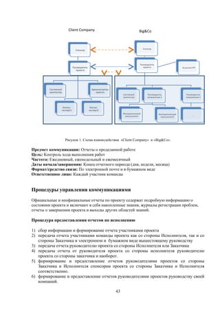 Client Company                          Big&Co




                Рисунок 1. Схема взаимодействия «Client Company» и «Big&Co».

Предмет коммуникации: Отчеты о проделанной работе
Цель: Контроль хода выполнения работ
Частота: Ежедневный, еженедельный и ежемесячный
Даты начала/завершения: Конец отчетного периода (дня, недели, месяца)
Формат/средство связи: По электронной почте и в бумажном виде
Ответственное лицо: Каждый участник команды


Процедуры управления коммуникациями
Официальные и неофициальные отчеты по проекту содержат подробную информацию о
состоянии проекта и включают в себя накопленные знания, журналы регистрации проблем,
отчеты о завершении проекта и выходы других областей знаний.

Процедура предоставления отчетов по исполнению

1) сбор информации и формирование отчета участниками проекта
2) передача отчета участниками команды проекта как со стороны Исполнителя, так и со
   стороны Заказчика в электронном и бумажном виде вышестоящему руководству
3) передача отчета руководителю проекта со стороны Исполнителя или Заказчика
4) передача отчета от руководителя проекта со стороны исполнителя руководителю
   проекта со стороны заказчика и наоборот.
5) формирование и предоставление отчетов руководителями проектов со стороны
   Заказчика и Исполнителя спонсорам проекта со стороны Заказчика и Исполнителя
   соответственно.
6) формирование и предоставление отчетов руководителями проектов руководству своей
   компаний.

                                            43
 