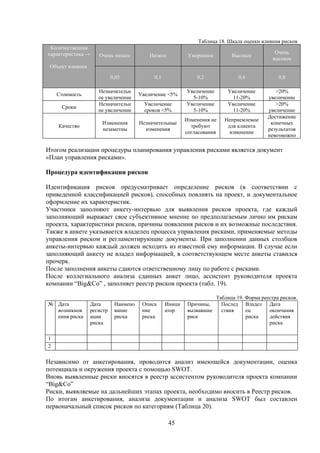 Таблица 18. Шкала оценки влияния рисков
 Количественная
характеристика →                                                                              Очень
                     Очень низкое          Низкое          Умеренное         Высокое
                                                                                             высокое
 Объект влияния
                            0,05            0,1               0,2               0,4             0,8

                     Незначительн                         Увеличение       Увеличение         >20%
    Стоимость                          Увеличение <5%
                     ое увеличение                          5-10%            11-20%        увеличение
                     Незначительн        Увеличение       Увеличение       Увеличение         >20%
     Сроки
                     ое увеличение       сроков <5%         5-10%            11-20%        увеличение
                                                                                           Достижение
                                                          Изменения не    Неприемлемое
                      Изменения        Незначительные                                       конечных
    Качество                                                требуют        для клиента
                      незаметны          изменения                                         результатов
                                                          согласования      изменение
                                                                                           невозможно

Итогом реализации процедуры планирования управления рисками является документ
«План управления рисками».

Процедура идентификации рисков

Идентификация рисков предусматривает определение рисков (в соответствии с
приведенной классификацией рисков), способных повлиять на проект, и документальное
оформление их характеристик.
Участники заполняют анкету-интервью для выявления рисков проекта, где каждый
заполняющий выражает свое субъективное мнение по предполагаемым лично им рискам
проекта, характеристики рисков, причины появления рисков и их возможные последствия.
Также в анкете указывается владелец процесса управления рисками, применяемые методы
управления риском и регламентирующие документы. При заполнении данных столбцов
анкеты-интервью каждый должен исходить из известной ему информации. В случае если
заполняющий анкету не владел информацией, в соответствующем месте анкеты ставился
прочерк.
После заполнения анкеты сдаются ответственному лицу по работе с рисками.
После коллегиального анализа сданных анкет лицо, ассистент руководителя проекта
компании “Big&Co” , заполняет реестр рисков проекта (табл. 19).

                                                                       Таблица 19. Форма реестра рисков.
№ Дата            Дата       Наимено    Описа     Иници    Причины,      Послед Владел Дата
  возникнов       регистр    вание      ние       атор     вызвавшие     ствия     ец       окончания
  ения риска      ации       риска      риска              риск                    риска    действия
                  риска                                                                     риска

1
2

Независимо от анкетирования, проводится анализ имеющейся документации, оценка
потенциала и окружения проекта с помощью SWOT.
Вновь выявленные риски вносятся в реестр ассистентом руководителя проекта компании
“Big&Co”
Риски, выявляемые на дальнейших этапах проекта, необходимо вносить в Реестр рисков.
По итогам анкетирования, анализа документации и анализа SWOT был составлен
первоначальный список рисков по категориям (Таблица 20).

                                                    45
 