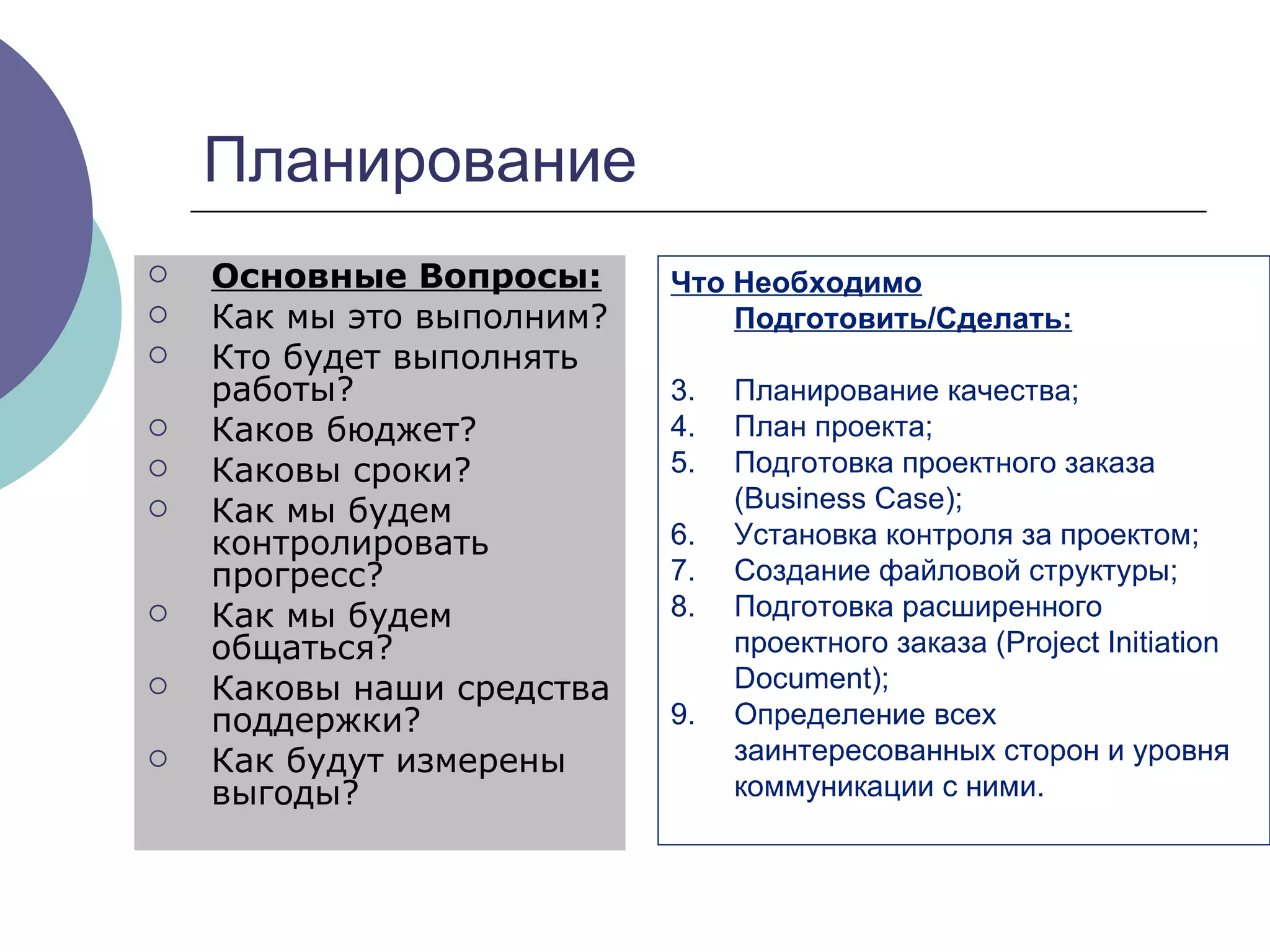 Планирование Основные Вопросы: Как мы это выполним ? Кто будет выполнять работы ? Каков бюджет ? Каковы сроки ?  Как мы будем контролировать прогресс ? Как мы будем общаться ?  Каковы наши средства поддержки ? Как будут измерены выгоды ?  Что Необходимо Подготовить/Сделать: Планирование качества; План проекта; Подготовка проектного заказа ( Business Case) ; Установка контроля за проектом; Создание файловой структуры; Подготовка расширенного проектного заказа ( Project Initiation Document); Определение всех заинтересованных сторон и уровня коммуникации с ними. 