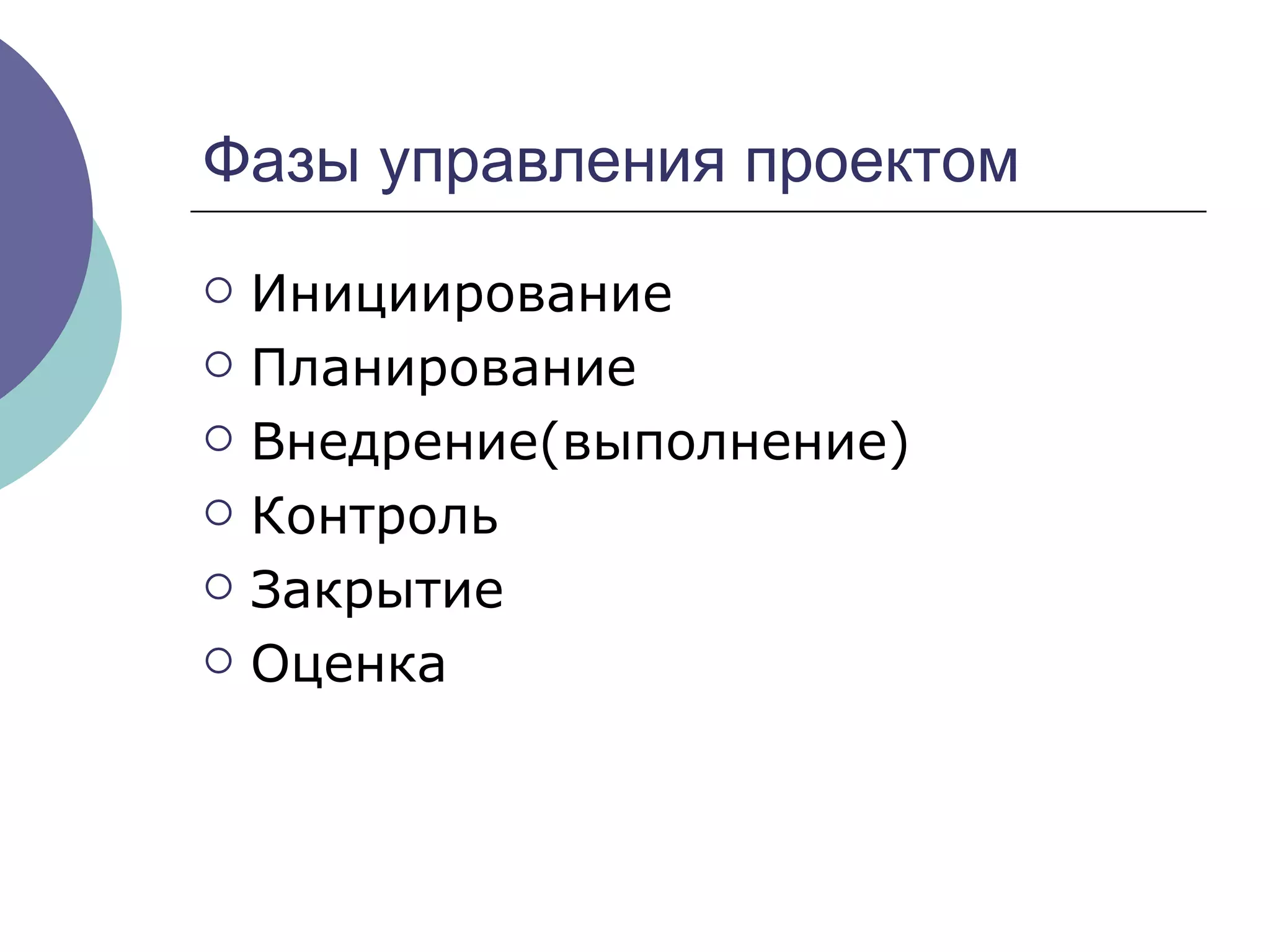 Фазы управления проектом Инициирование Планирование Внедрение ( выполнение) Контроль  Закрытие Оценка 