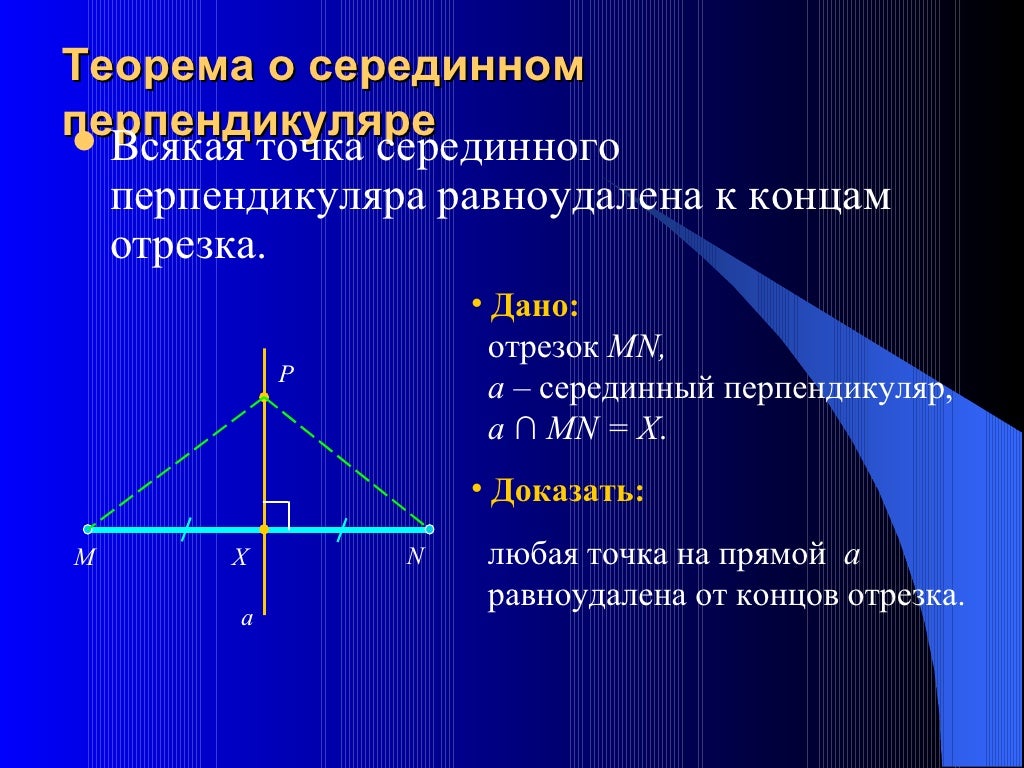 Какая прямая называется серединным перпендикуляром. Теорема о серединном перпендикуляре отрезка. Теорема о среднем перпендикуляре к отрезку. Теорема о свойстве серединного перпендикуляра доказательство. Теорема о серединном перпендикуляре к отрезку.