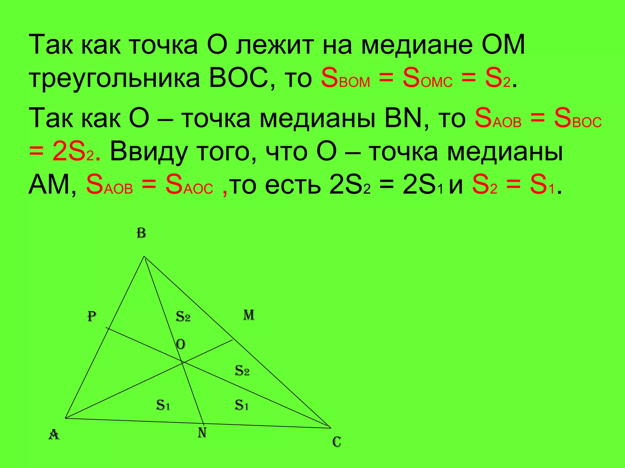 Так как точка О лежит на медиане ОМ треугольника ВОС, то  S BOM  = S OMC  = S 2 . Так как О – точка медианы  BN , то  S AOB  = S BOC  = 2S 2 .  Ввиду того, что О – точка медианы АМ,  S AOB  = S А OC   , то есть 2 S 2  = 2S 1  и  S 2  = S 1 . A B C M N O S 1 P S 2 S 2 S 1 