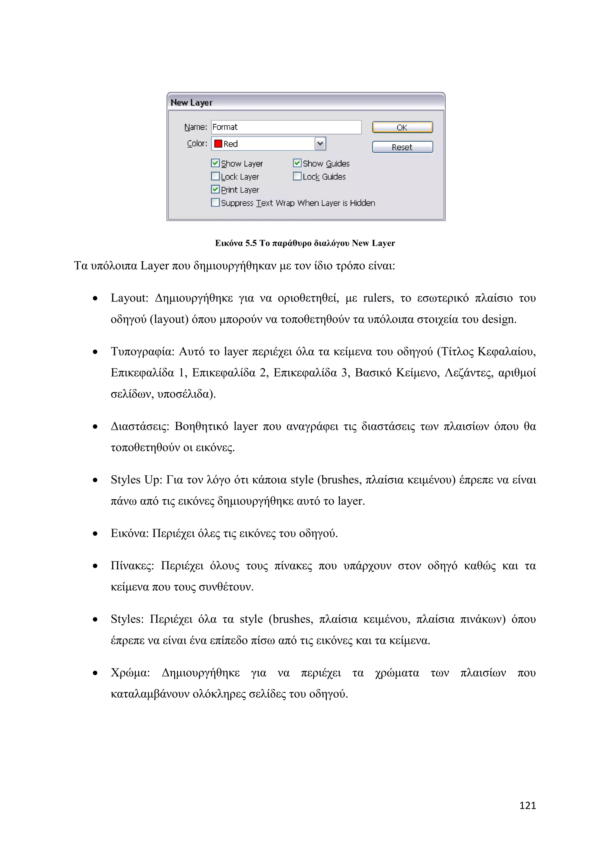 Δηθόλα 5.5 Σν παξάζπξν δηαιόγνπ New Layer

Σα ππφινηπα Layer πνπ δεκηνπξγήζεθαλ κε ηνλ ίδην ηξφπν είλαη:

      Layout: Γεκηνπξγήζεθε γηα λα νξηνζεηεζεί, κε rulers, ην εζσηεξηθφ πιαίζην ηνπ
       νδεγνχ (layout) φπνπ κπνξνχλ λα ηνπνζεηεζνχλ ηα ππφινηπα ζηνηρεία ηνπ design.

      Σππνγξαθία: Απηφ ην layer πεξηέρεη φια ηα θείκελα ηνπ νδεγνχ (Σίηινο Κεθαιαίνπ,
       Δπηθεθαιίδα 1, Δπηθεθαιίδα 2, Δπηθεθαιίδα 3, Βαζηθφ Κείκελν, Λεδάληεο, αξηζκνί
       ζειίδσλ, ππνζέιηδα).

      Γηαζηάζεηο: Βνεζεηηθφ layer πνπ αλαγξάθεη ηηο δηαζηάζεηο ησλ πιαηζίσλ φπνπ ζα
       ηνπνζεηεζνχλ νη εηθφλεο.

      Styles Up: Γηα ηνλ ιφγν φηη θάπνηα style (brushes, πιαίζηα θεηκέλνπ) έπξεπε λα είλαη
       πάλσ απφ ηηο εηθφλεο δεκηνπξγήζεθε απηφ ην layer.

      Δηθφλα: Πεξηέρεη φιεο ηηο εηθφλεο ηνπ νδεγνχ.

      Πίλαθεο: Πεξηέρεη φινπο ηνπο πίλαθεο πνπ ππάξρνπλ ζηνλ νδεγφ θαζψο θαη ηα
       θείκελα πνπ ηνπο ζπλζέηνπλ.

      Styles: Πεξηέρεη φια ηα style (brushes, πιαίζηα θεηκέλνπ, πιαίζηα πηλάθσλ) φπνπ
       έπξεπε λα είλαη έλα επίπεδν πίζσ απφ ηηο εηθφλεο θαη ηα θείκελα.

      Υξψκα: Γεκηνπξγήζεθε γηα λα πεξηέρεη ηα ρξψκαηα ησλ πιαηζίσλ πνπ
       θαηαιακβάλνπλ νιφθιεξεο ζειίδεο ηνπ νδεγνχ.




                                                                                       121
 