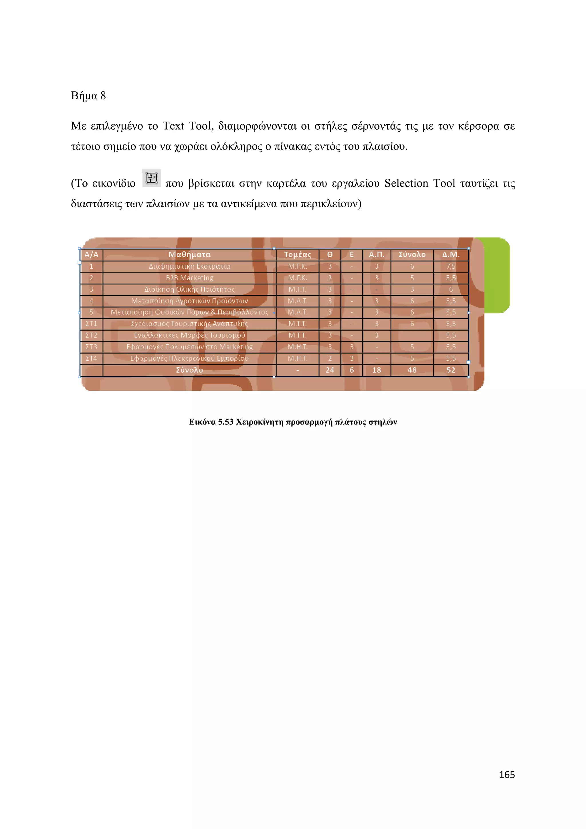 Βήκα 8

Με επηιεγκέλν ην Text Tool, δηακνξθψλνληαη νη ζηήιεο ζέξλνληάο ηηο κε ηνλ θέξζνξα ζε
ηέηνην ζεκείν πνπ λα ρσξάεη νιφθιεξνο ν πίλαθαο εληφο ηνπ πιαηζίνπ.


(Σν εηθνλίδην     πνπ βξίζθεηαη ζηελ θαξηέια ηνπ εξγαιείνπ Selection Tool ηαπηίδεη ηηο
δηαζηάζεηο ησλ πιαηζίσλ κε ηα αληηθείκελα πνπ πεξηθιείνπλ)




                       Δηθόλα 5.53 Υεηξνθίλεηε πξνζαξκνγή πιάηνπο ζηειώλ




                                                                                  165
 