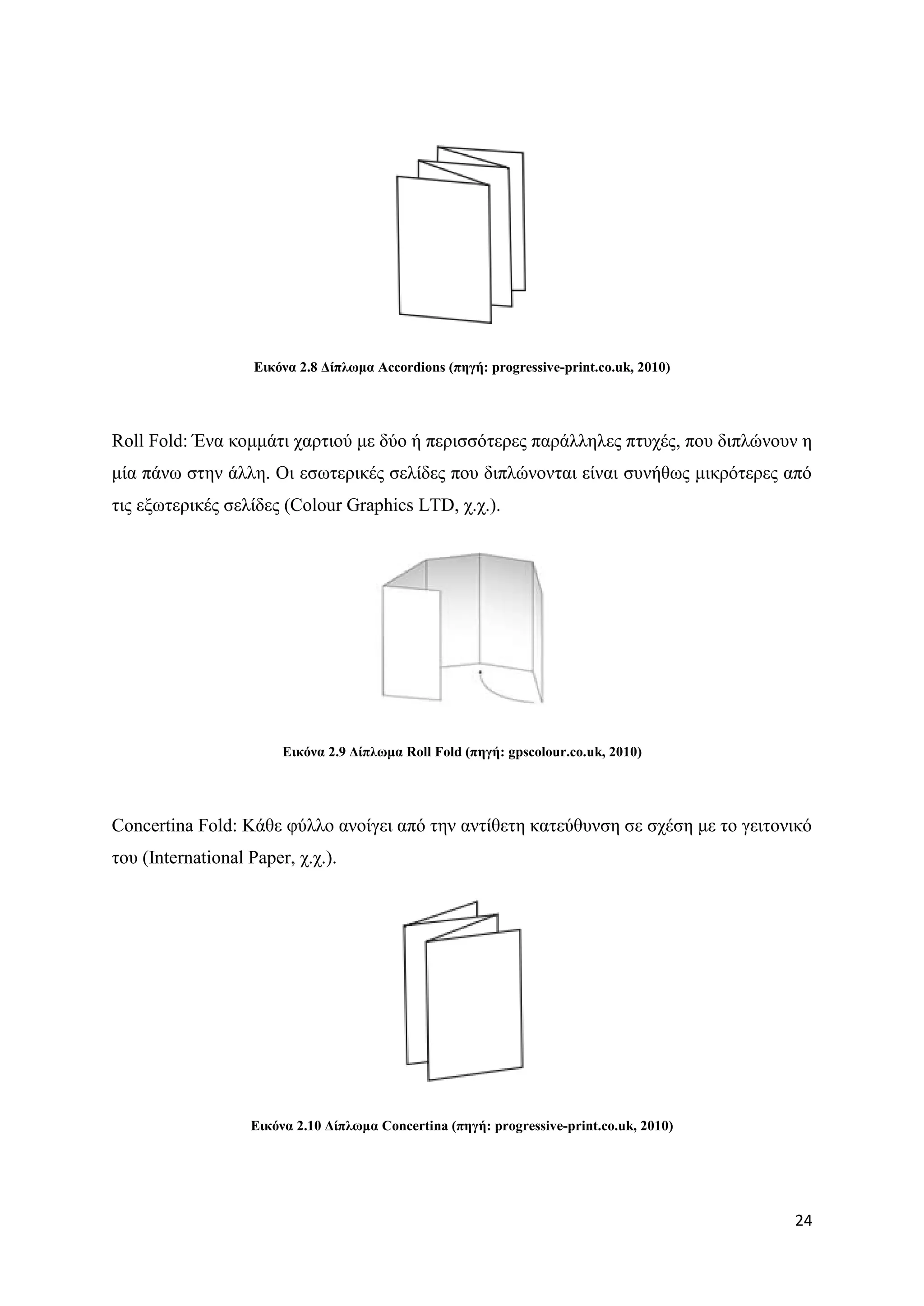 Δηθόλα 2.8 Γίπισκα Accordions (πεγή: progressive-print.co.uk, 2010)




Roll Fold: Έλα θνκκάηη ραξηηνχ κε δχν ή πεξηζζφηεξεο παξάιιειεο πηπρέο, πνπ δηπιψλνπλ ε
κία πάλσ ζηελ άιιε. Οη εζσηεξηθέο ζειίδεο πνπ δηπιψλνληαη είλαη ζπλήζσο κηθξφηεξεο απφ
ηηο εμσηεξηθέο ζειίδεο (Colour Graphics LTD, ρ.ρ.).




                        Δηθόλα 2.9 Γίπισκα Roll Fold (πεγή: gpscolour.co.uk, 2010)




Concertina Fold: Κάζε θχιιν αλνίγεη απφ ηελ αληίζεηε θαηεχζπλζε ζε ζρέζε κε ην γεηηνληθφ
ηνπ (International Paper, ρ.ρ.).




                   Δηθόλα 2.10 Γίπισκα Concertina (πεγή: progressive-print.co.uk, 2010)




                                                                                          24
 