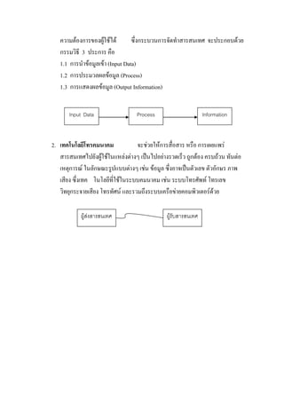 ความตองการྺองผูȋใชไดȋ        ซึ่งกระบวนการจัดทําสารสนเทศ จะประกอบดวย
   กรรมวิธี 3 ประการ คือ
   1.1 การนําขอมูลเขา (Input Data)
   1.2 การประมวลผลขอมล (Process)
                          ู
   1.3 การแสดงผลขอมูล (Output Information)


       Input Data                 Process                      Information



2. เทคโนโลยีโทรคมนาคม             จะชวยใหการสื่อสาร หรือ การเผยแพร
   สารสนเทศไปยังผูใชในแหลงตางๆ เปนไปอยางรวดเร็ว ถูกตอง ครบถวน ทันตอ
   เหตุการณ ในลักษณะรูปแบบตางๆ เชน ขอมูล ซึ่งอาจเปนตัวเลข ตัวอักษร ภาพ
   เสียง ซึ่งเทค โนโลยีที่ใชในระบบคมนาคม เชน ระบบโทรศัพท โทรเลข
   วิทยุกระจายเสียง โทรทัศน และรวมถึงระบบเครือขายคอมพิวเตอรดวย

           ผูสงสารสนเทศ                     ผูรับสารสนเทศ
 