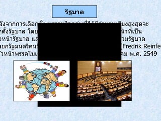 หลังจากการเลือกตั้ง พรรคหรือกลุ่มที่ได้มีจำนวนเสียงสูงสุดจะ จัดตั้งรัฐบาล โดยรัฐสภาจะเลือกนายกรัฐมนตรีทำหน้าที่เป็น หัวหน้ารัฐบาล และนายกรัฐมนตรีเลือกรัฐมนตรีเข้าร่วมรัฐบาล  นายกรัฐมนตรีคนปัจจุบันได้แก่ เฟดริก รายน์เฟลท์  ( Fredrik Reinfeldt) หัวหน้าพรรคโมเดอเรตดำรงตำแหน่งตั้งแต่  5  ตุลาคม พ . ศ . 254 9 รัฐบาล 